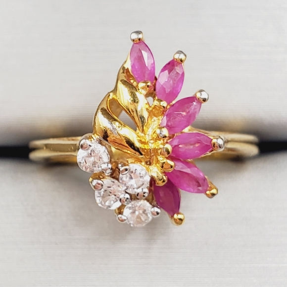 Genuine Marquise Pink Ruby - Simulated Diamonds - 18k Yellow Gold Plated Ring